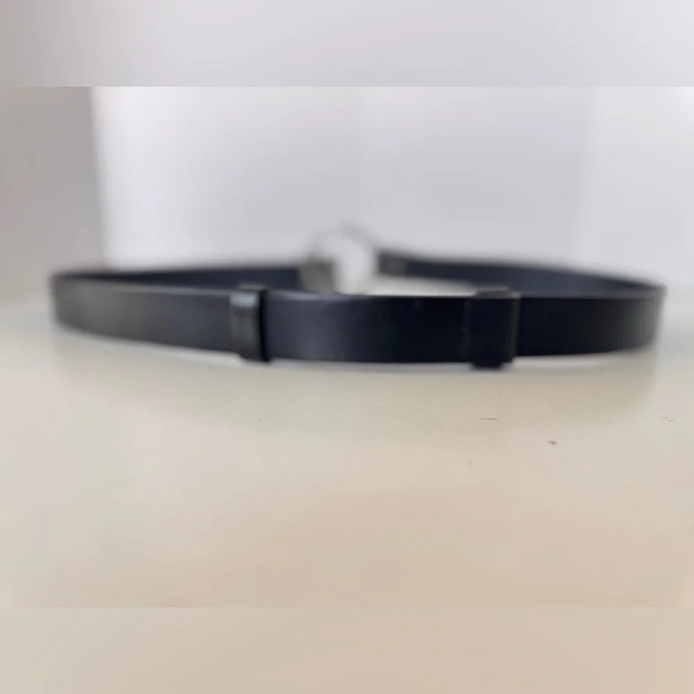Belt Shak Black Italian Leather Slide Belt Silver Tone Weave Buckle
